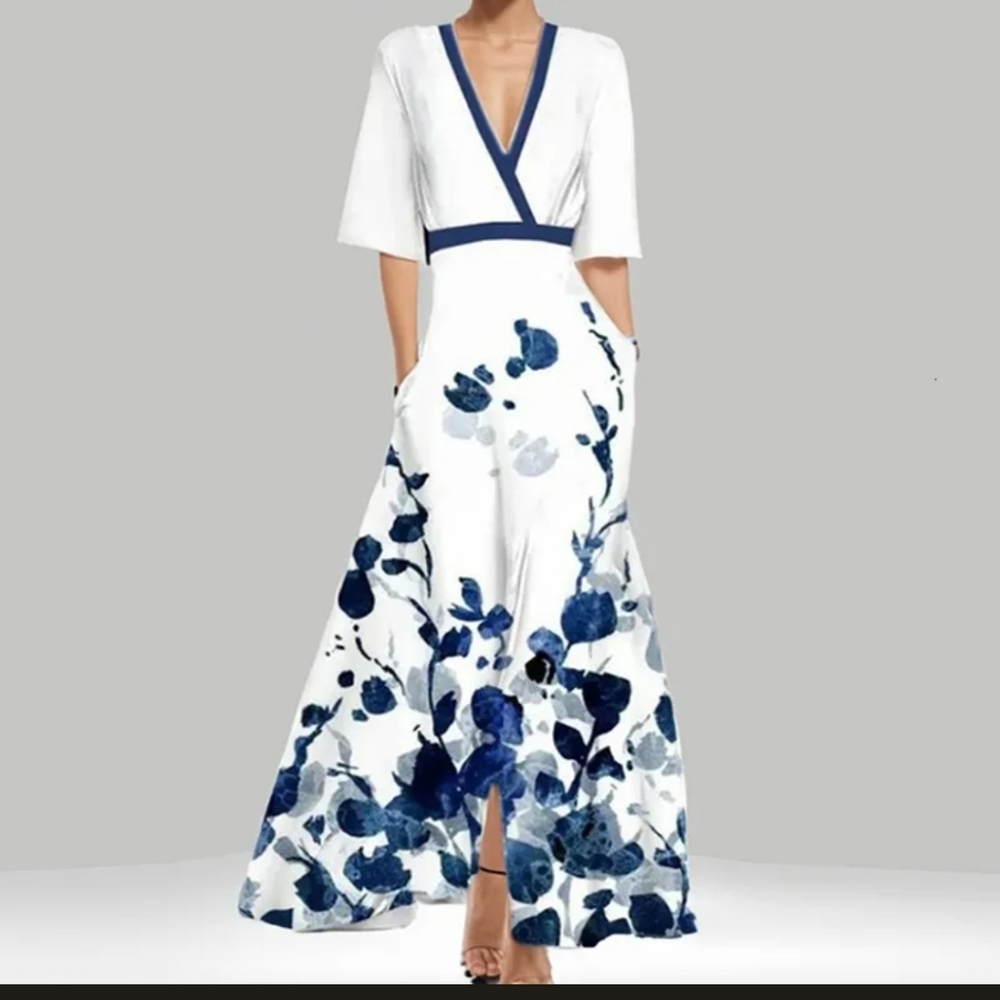 NWOT White & Blue Floral V-Neck Maxi Dress Size Medium